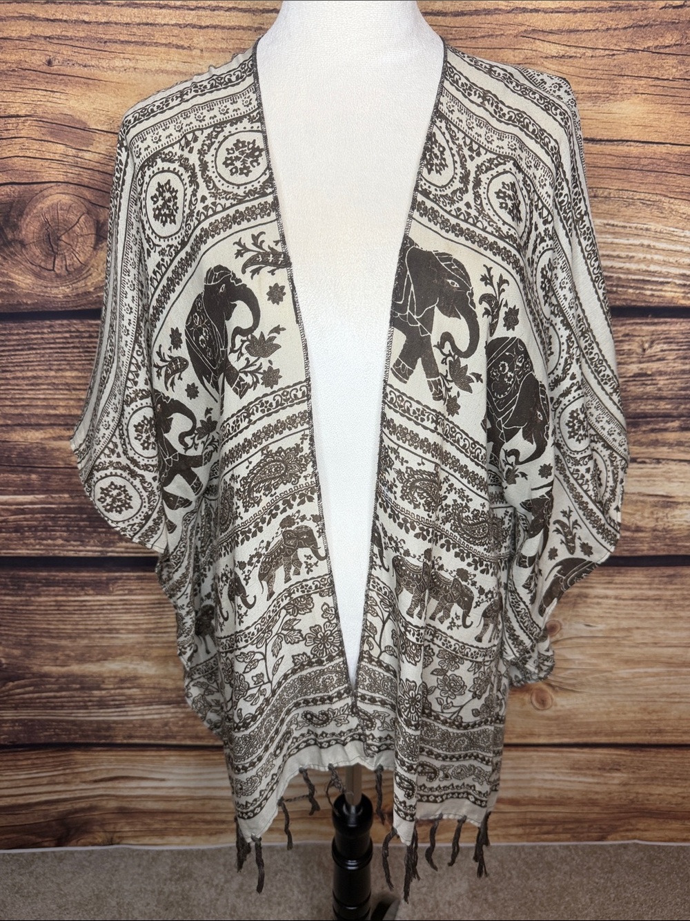 Maurices Cream and Brown Elephant Print Kimono Cardigan